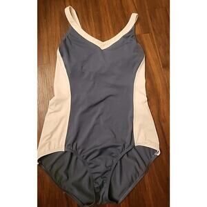 Lands' End Women's One Piece Swimsuit‎ Size 16  X Back Blue/Gray w/white Trim